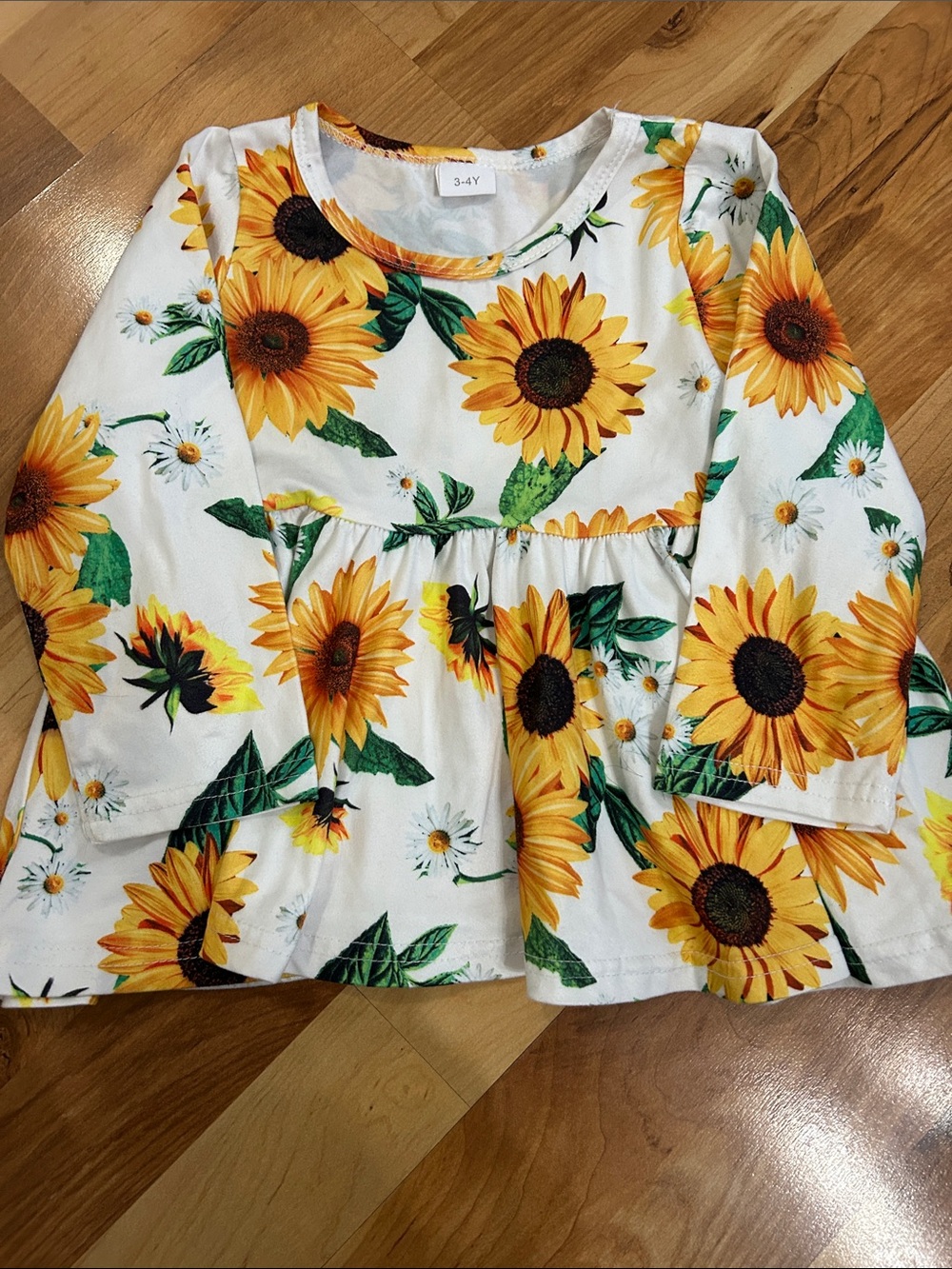 Sunflower Print Long Sleeve Peplum Top - White & Yellow 3-4 T